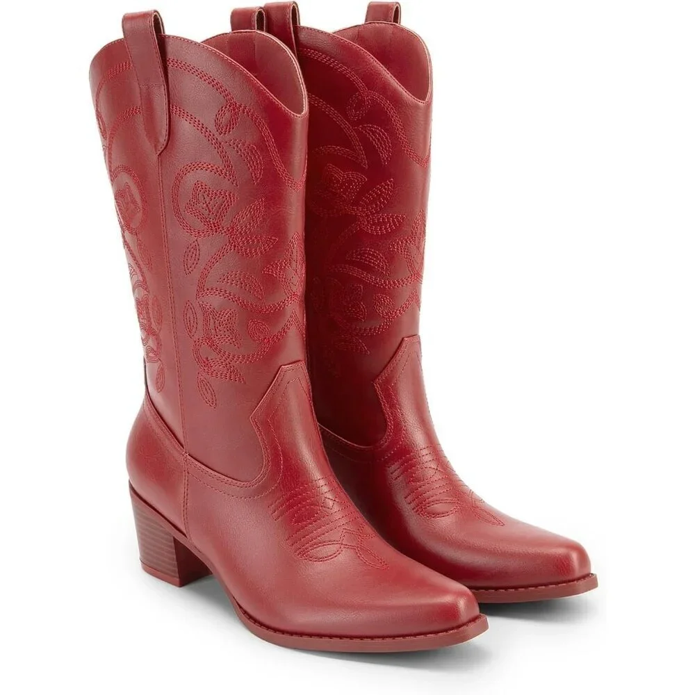 Women's Cowgirl Western Leather Embroidery Stitched Chunky Heel Mid Calf Boot